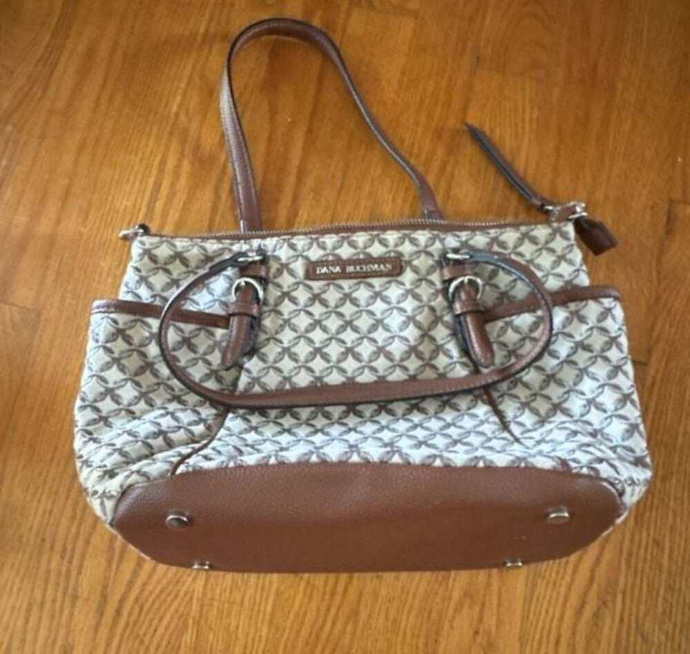 Dana Buchman Patterned Woven Fabric Shoulder Bag with Brown Faux Leather Trim